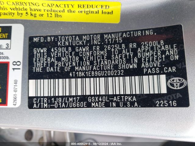 4T1BK1EB9GU200232 Toyota AVALON LIMITED