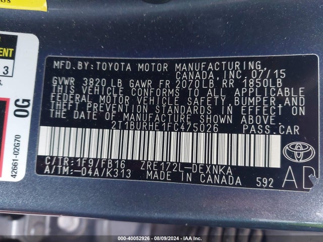 Toyota COROLLA LE 2015 2T1BURHE1FC475026 Image 9