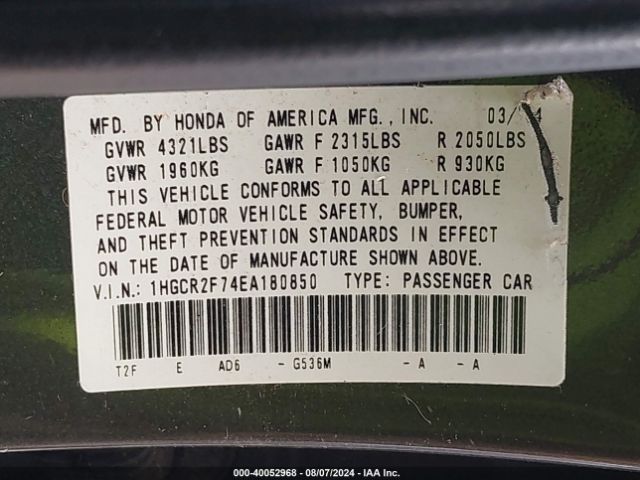 1HGCR2F74EA180850 Honda ACCORD EX