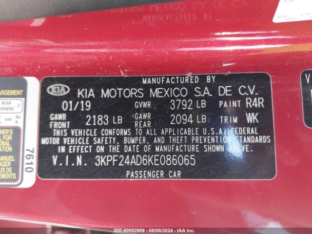 3KPF24AD6KE086065 KIA Forte Lxs