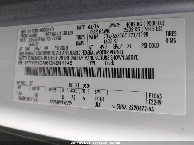 Ford Transit-250 2016 1FTYR1DM6GKB11145 Image 9