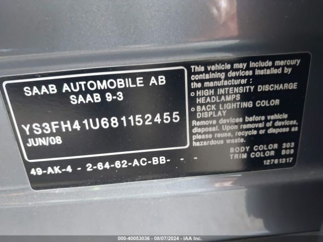 2008 SAAB 9-3 YS3FH41U681152455 Photo 8
