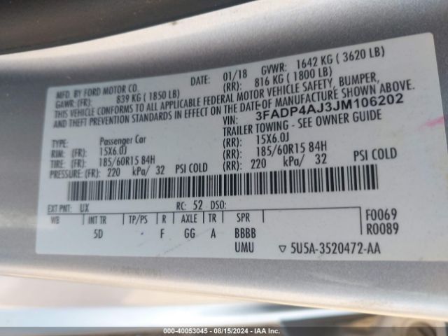 3FADP4AJ3JM106202 Ford FIESTA S