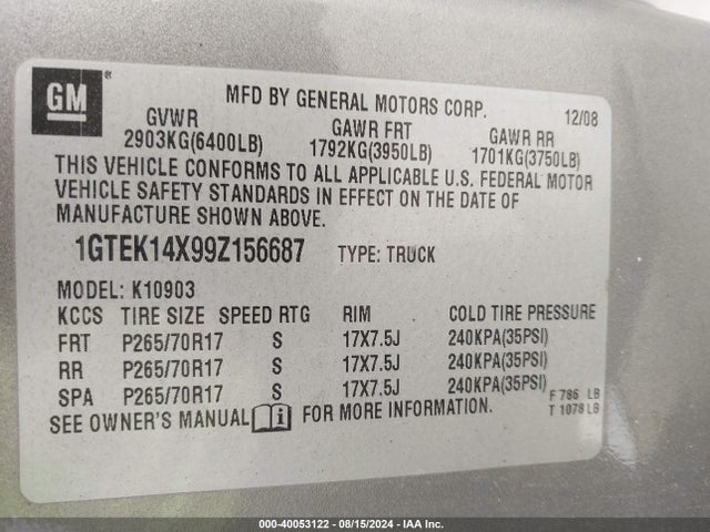 40053122 :رقم المزاد ، 1GTEK14X99Z156687 vin ، 2009 Gmc Sierra 1500 Work Truck مزاد بيع