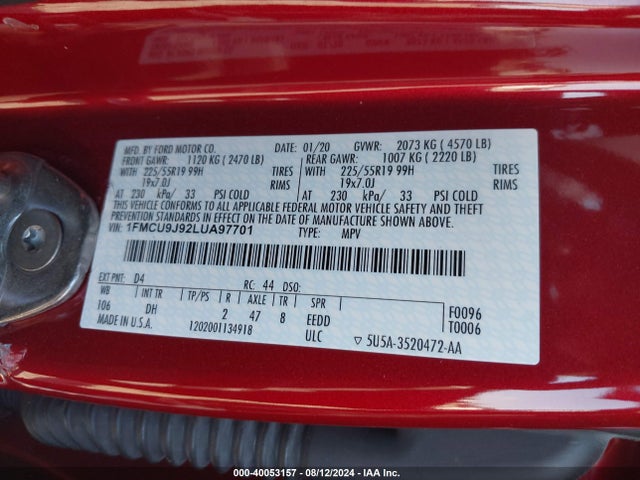 Ford Escape Titanium 2020 1FMCU9J92LUA97701 Image 9