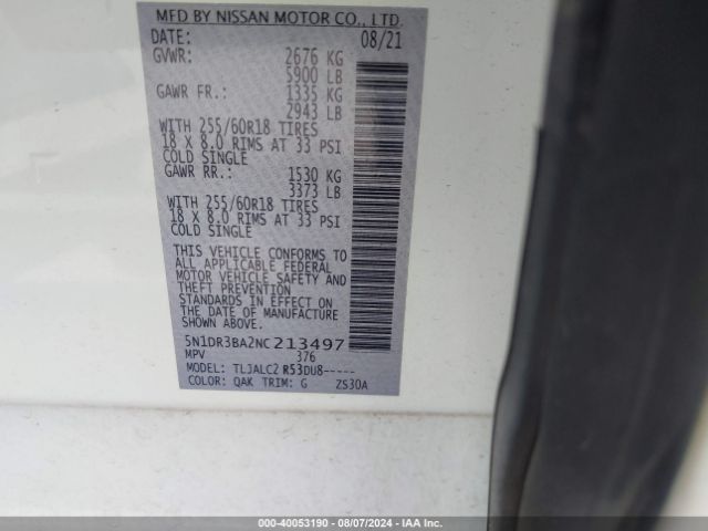 5N1DR3BA2NC213497 Nissan Pathfinder Sv 2wd
