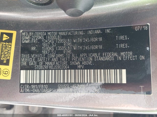 Toyota Highlander Le 2018 5TDBZRFH0JS902064 Image 9