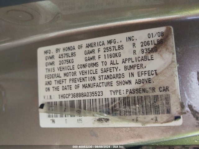 2008 HONDA ACCORD 3.5 EX-L VIN: 1HGCP36898A035523