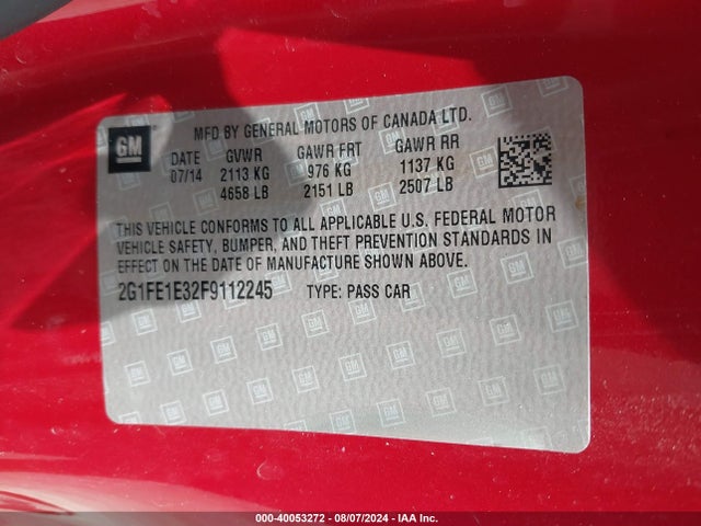 Chevrolet Camaro 2lt 2015 2G1FE1E32F9112245 Image 9