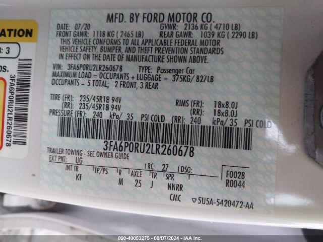 3FA6P0RU2LR260678 Ford Fusion Titanium