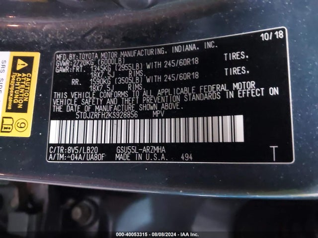 Toyota Highlander Xle 2019 5TDJZRFH2KS928856 Image 9