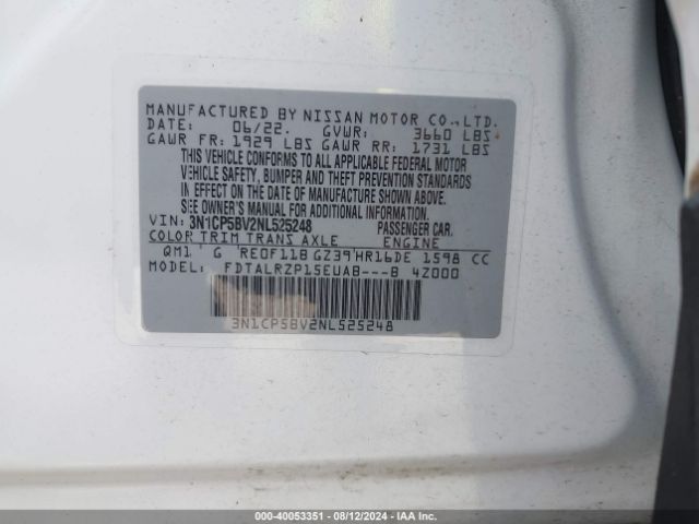3N1CP5BV2NL525248 Nissan KICKS S
