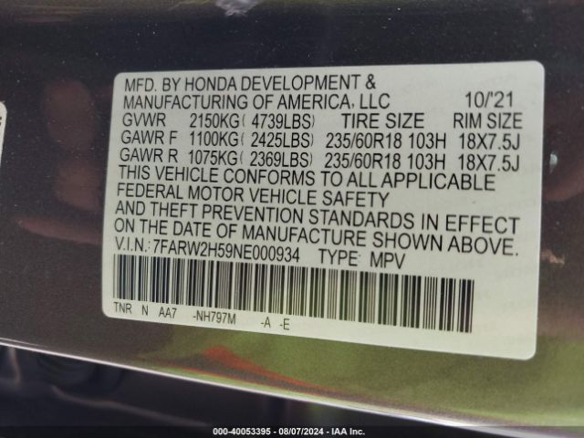 7FARW2H59NE000934 Honda Cr-v Awd Ex