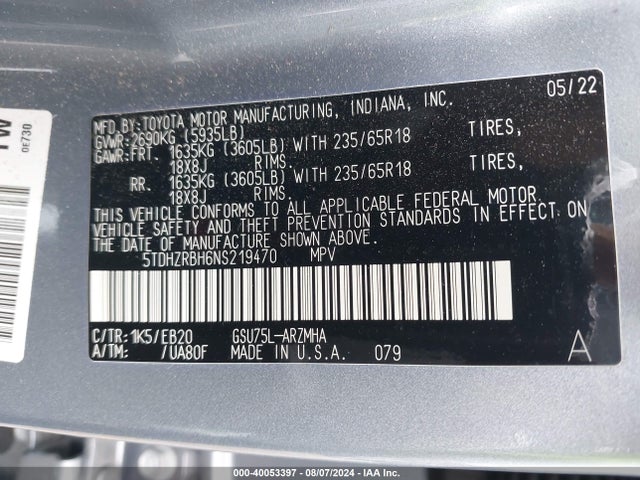 Toyota Highlander Xle 2022 5TDHZRBH6NS219470 Image 9