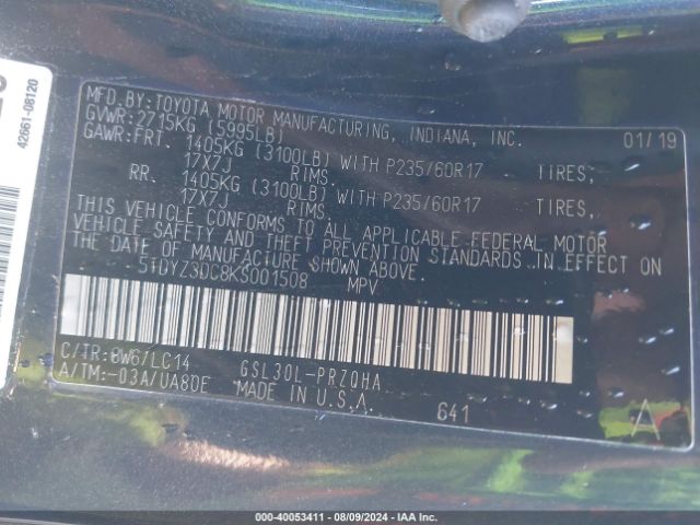 5TDYZ3DC8KS001508 Toyota Sienna Xle 8 Passenger