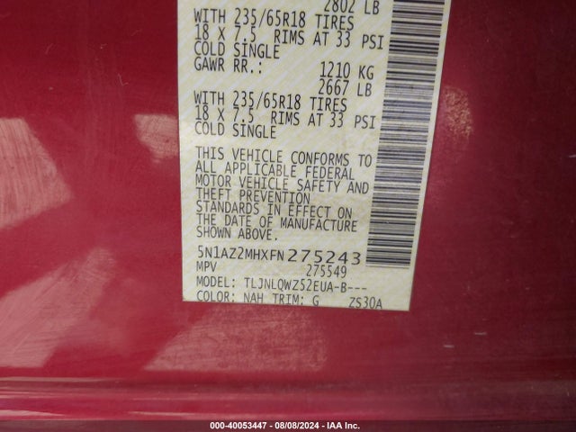 Nissan MURANO SV 2015 5N1AZ2MHXFN275243 Image 9