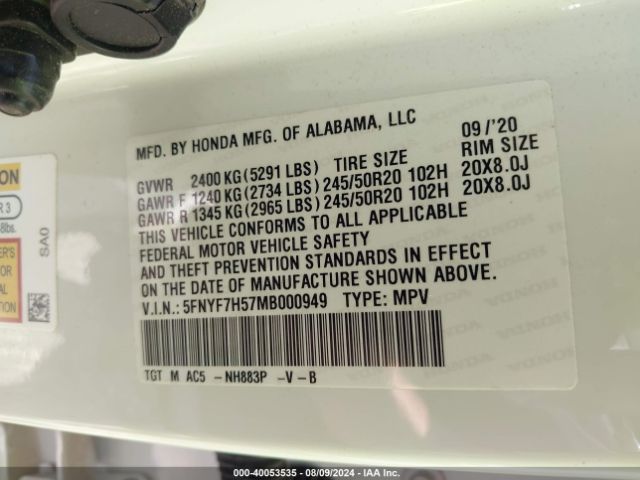 5FNYF7H57MB000949 Honda Passport 2wd Ex-l