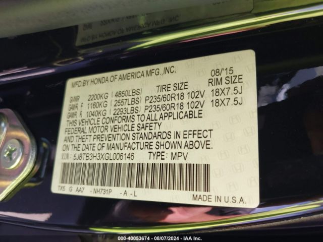 5J8TB3H3XGL006146 Acura Rdx Acurawatch Plus Pkg