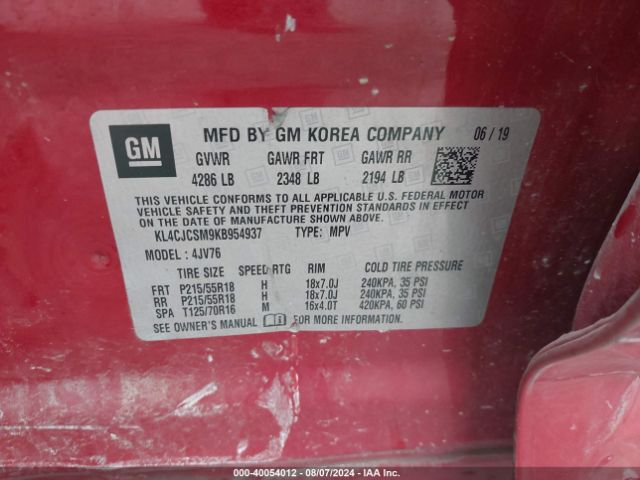 KL4CJCSM9KB954937 Buick Encore Fwd Essence