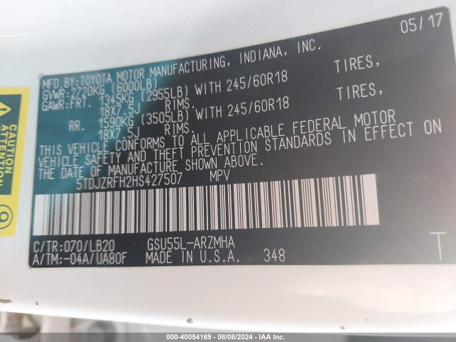Toyota Highlander Xle 2017 5TDJZRFH2HS427507 Image 9