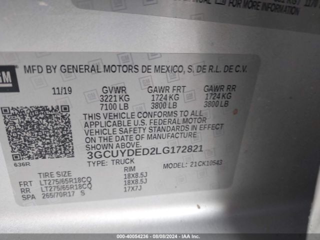 3GCUYDED2LG172821 Chevrolet Silverado 1500 4wd  Short Bed Lt
