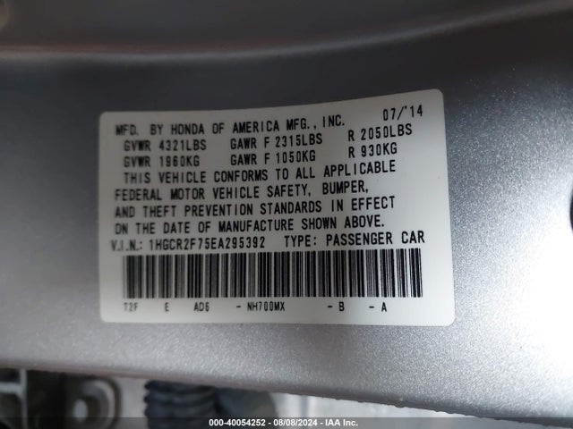 Honda ACCORD EX 2014 1HGCR2F75EA295392 Image 9
