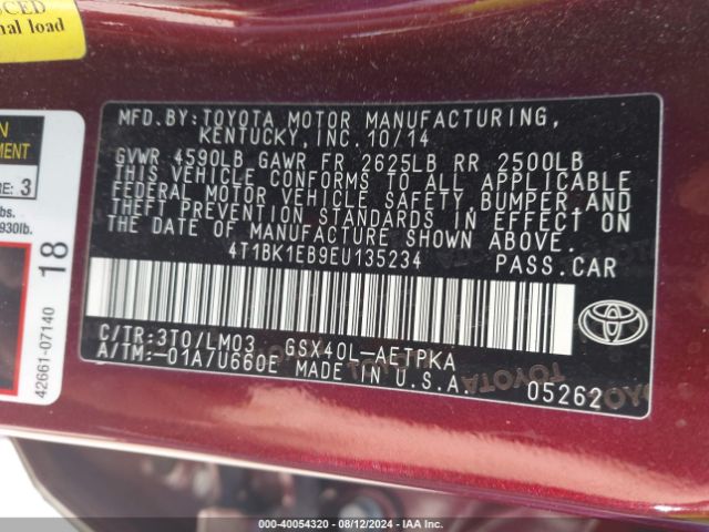 4T1BK1EB9EU135234 Toyota AVALON LIMITED