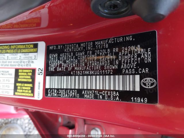 4T1B21HK8KU011172 Toyota Camry Hybrid Se