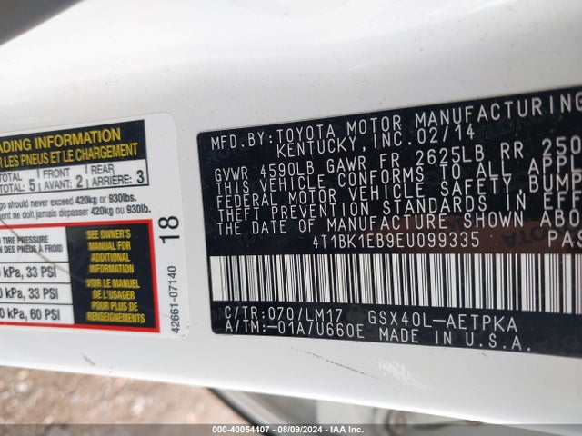 Toyota AVALON LIMITED 2014 4T1BK1EB9EU099335 Image 9