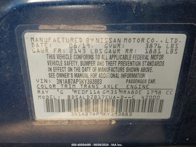 Nissan SENTRA SV 2019 3N1AB7AP9KY393883 Image 9