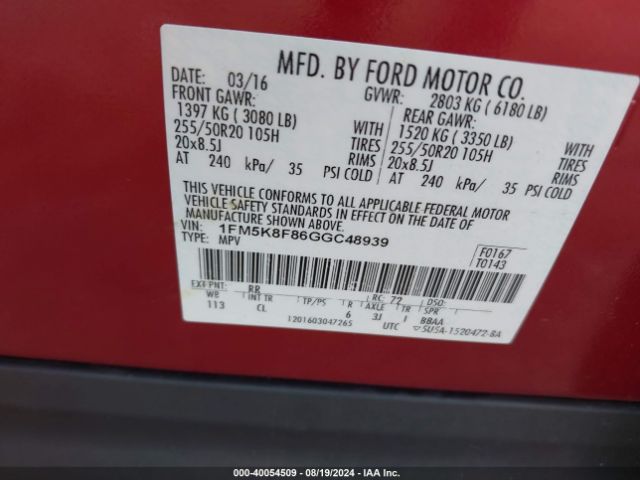 1FM5K8F86GGC48939 Ford Explorer Limited