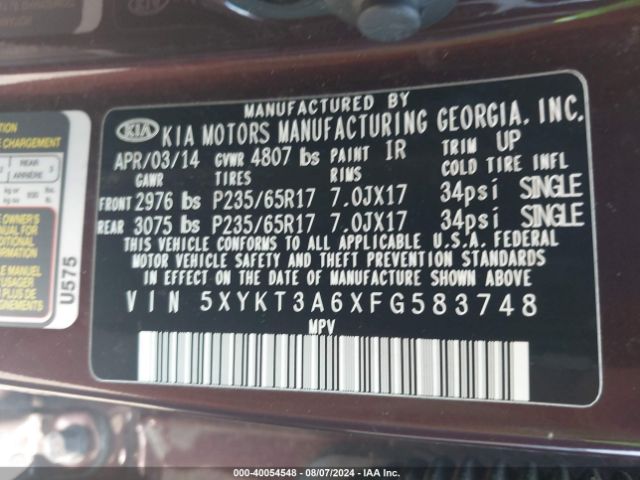 5XYKT3A6XFG583748 KIA SORENTO LX