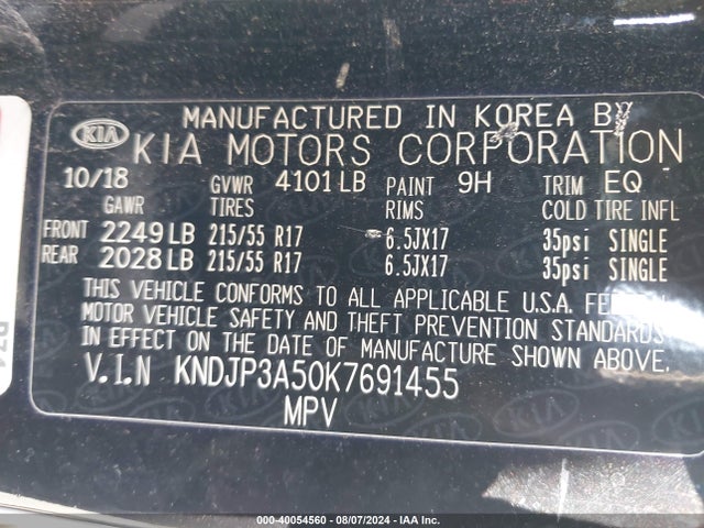 KIA SOUL + 2019 KNDJP3A50K7691455 Image 9