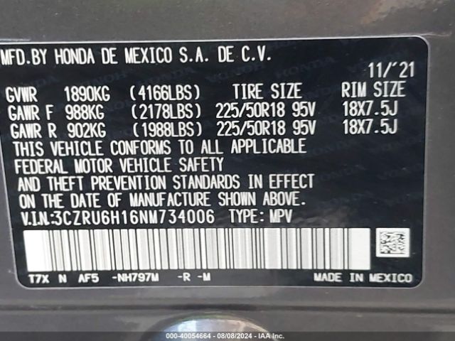 3CZRU6H16NM734006 Honda Hr-v Awd Sport