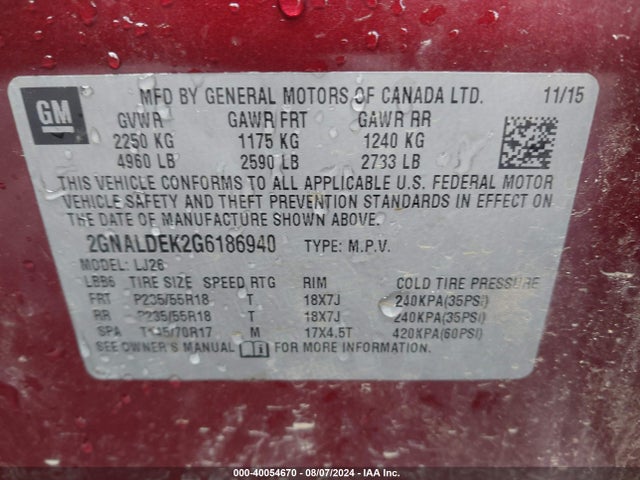 Chevrolet Equinox Ltz 2016 2GNALDEK2G6186940 Image 9