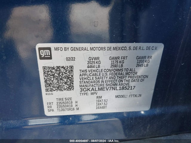 3GKALMEV7NL185217 GMC Terrain Fwd Sle