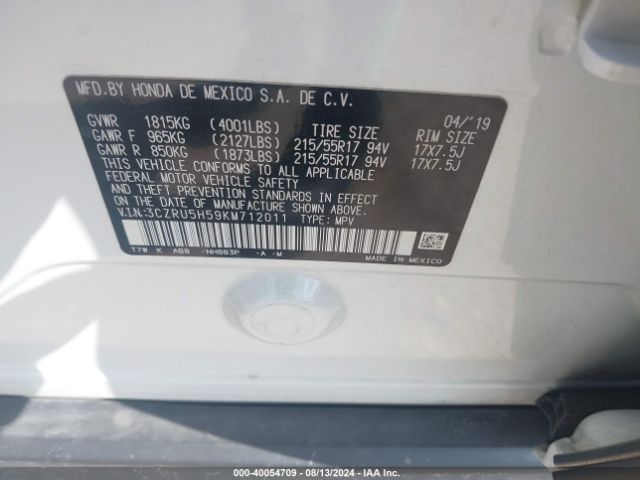 3CZRU5H59KM712011 Honda HR-V EX