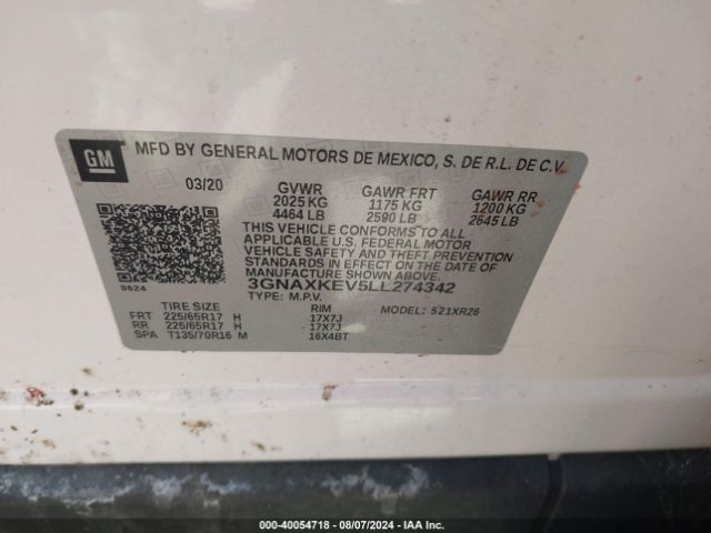 3GNAXKEV5LL274342 Chevrolet Equinox Fwd Lt 1.5l Turbo