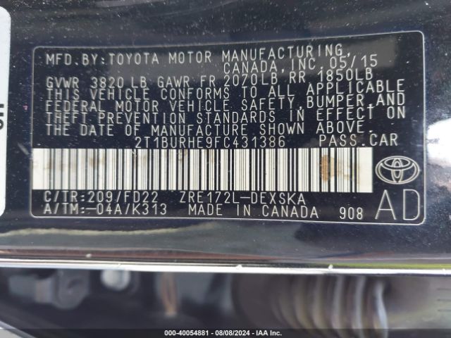 2T1BURHE9FC431386 Toyota Corolla L/le/le Pls/prm/s/s Pls