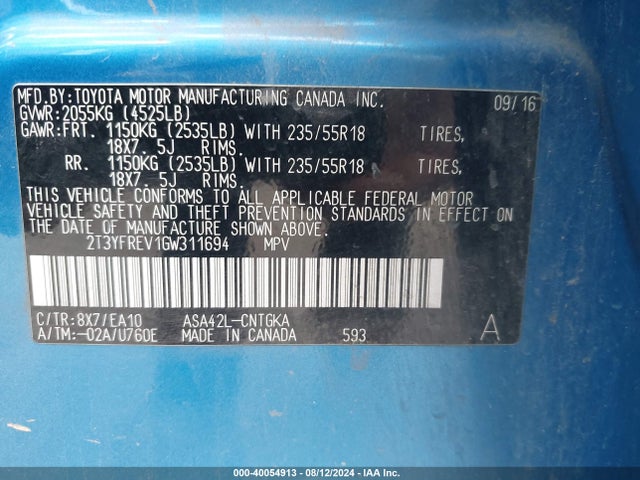Toyota Rav4 Limited 2016 2T3YFREV1GW311694 Image 9