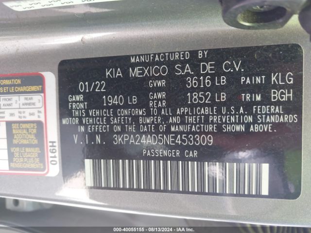 3KPA24AD5NE453309 KIA RIO S
