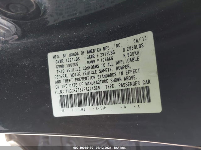 Honda Accord Ex-l 2015 1HGCR2F82FA274509 Image 9