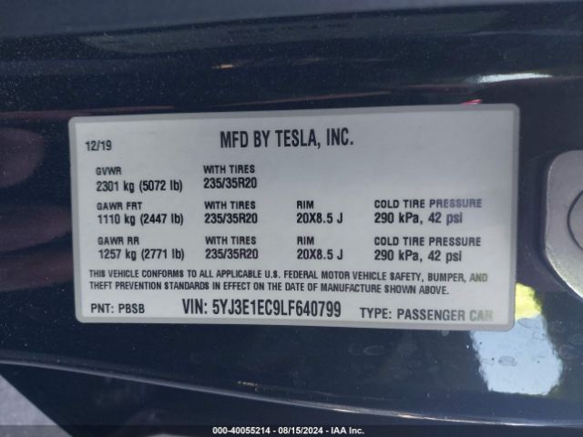 5YJ3E1EC9LF640799 Tesla Model 3 Performance Dual Motor All-wheel Drive