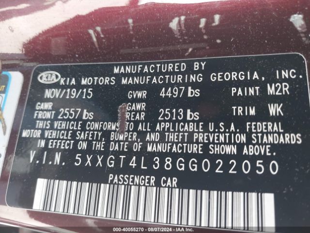 5XXGT4L38GG022050 KIA Optima Lx