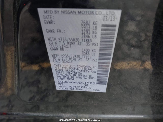 Продажа на аукционе авто 2013 Nissan Pathfinder Platinum, vin: 5N1AR2MMXDC661960, номер лота: 40055282