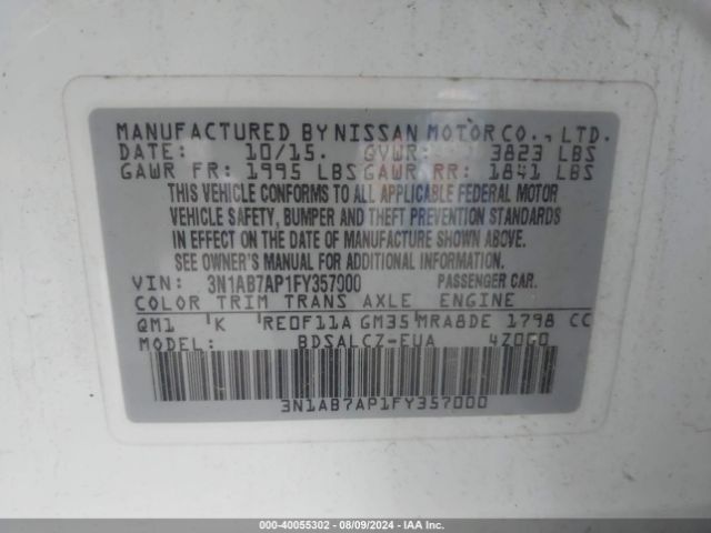 3N1AB7AP1FY357000 Nissan Sentra S/sv/sr/sl