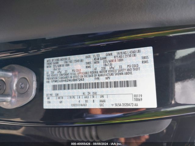 1FMCU0H62NUB87263 Ford ESCAPE SEL