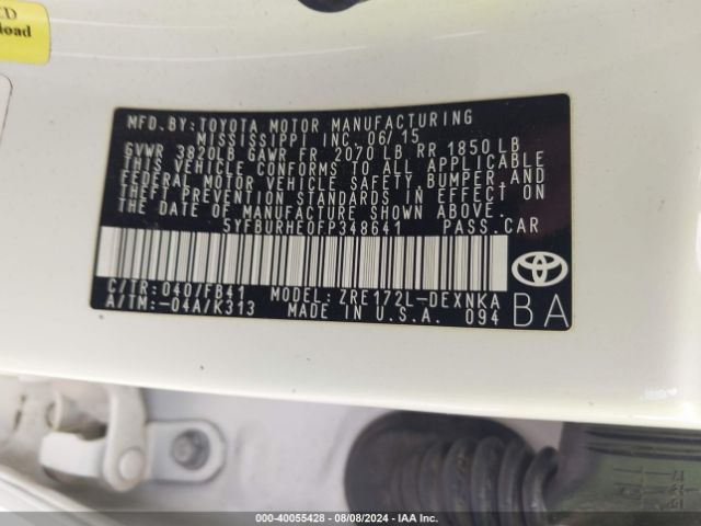 5YFBURHE0FP348641 Toyota Corolla L/le/le Pls/prm/s/s Pls