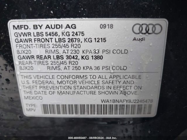WA1BNAFY8J2245478 Audi Q5 2.0t Premium/2.0t Tech Premium