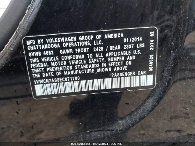 1VWCN7A33EC071700 Volkswagen Passat 2.0l Tdi Sel Premium